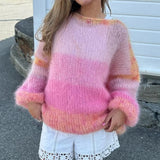 MQTIME  -  Women Autumn Winter Loose Fit Knitwear Jumpers Vintage Striped Fuzzy Knitted Sweater Casual Boat Neck Long Sleeve Pullover Tops