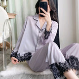  MQTIME  -  Elegant Fashion Lace Splicing Women's Pajamas New Loose Lapel Single Breasted Long Sleeve Tops Pants Temperament Female 2Pcs Set