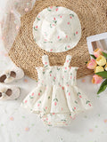 MQTIME  -  2025 Summer Baby Girls Bodysuit & One Piece Full of Tulip Print Girls Clothes Camisole Bodysuit With Hat