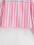 MQTIME  -  Women Pink Plaid Lace Shirt Top Leisure Long Sleeved Single Breasted Lapel Lady Summer Blouses Casual Streetwear French Style
