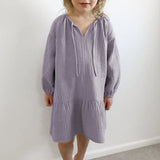 MQTIME  -  Girls Double-Layer Crepe Cotton Dress V-Neck Lace-Up Long-Sleeved Casual Loose Ruffled Chic Autumn Children's Clothing