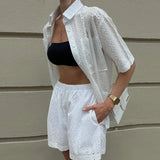 MQTIME  -  Fashion Lace Hollow Out Women Two Piece Sets Casual Lapel Button Shirt and Shorts Suit Elegant Solid Color Pockets Summer Outfit