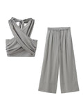 MQTIME  -  Casual Cotton Linen Pants 2 Pieces Set for Women Sleeveless Strapless Top Wide Leg Trousers 2024 Summer Loose Lady Streetwear