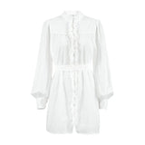 MQTIME  -  Boho White Dress Lantern Sleeve Lace-up Short Dress Cotton Holiday Vestidos Women Button Down Ruffled Edged Robes