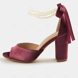 MQTIME  -  New High Heels Women's Thick Heel Sandals Versatile Ribbon Bow Pearl Belt Sandals.