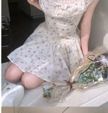 MQTIME  -  New Fairy French Lace Edge Square Collar Sleeveless Dress Y2k Sweet Korean Print Slim Waist Clothes Summer Preppy Style Dress