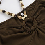  MQTIME  -  American Vintage Solid Beading Halter Short Sleeve All Match Slim-waist Top Female