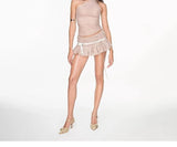 MQTIME  -  Spicy Girl Design Hollowed Out Slanted Shoulder Sheer Ribbon Hanging Neck Suspender Women's Pleated Skirt Fashion Set