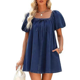 MQTIME  -  Summer New Fashion Square Neck Women Bubble Sleeve Dress Simple Strap Up Elegant Female Denim Short Dresses