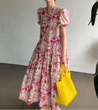 MQTIME  -  Korean Style Summer Female Floral Dress Sweet Puff Sleeve V-neck Button Fly Fashion Printed Women's Long Dress Ruffles Patchwork