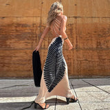 MQTIME  -  Slim Pleat Maxi Dress Vintage Pattern Printed U Collar Backless Dress Sexy Backless Bandage Sleeveless Halter Dress
