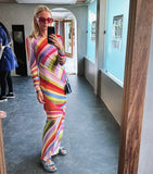 MQTIME  -  Colorful Stripe Maxi Dress Women Chic Off Shoulder Long Sleeve Tulle See Through Slim Dresses Summer Lady Vacation Robes