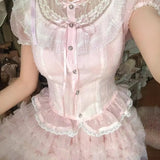 MQTIME  -  Sweet Japanese Summer Spliced O Neck Short Sleeve Thin Shirts Y2k Aesthetic Single Breasted All Match Blouse Cue Korean Tops