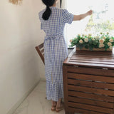 MQTIME  -   Korean Summmer Vintage Dress Elegant Ladies Lace Round Collar Short Sleeve High Waist Long Plaid Dresses Fashion Dress for Women