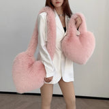 Mqtime Y2k Hot Girls Fluffy Shoulder Bags Love Heart Female Pink Plush Handbags Large Capacity Women's Faux Fur Crossbody Bag Tote