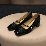 MQTIME  -  Glitter Mary Jane Women Thick Heel Shoes Fashion Square Toe Ladies 2024 Autumn Shallow Dress Party Mid Heel Shoes Zapatos Mujer