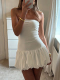 MQTIME  -  Women's Elegant Sexy Summer Strapless Solid Color Low Waist Puff Bubble Party Club Short Mini Dress Beach Streetwear
