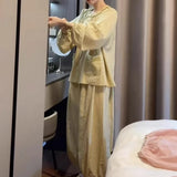 MQTIME  -  Girls Sweet Lace Long-sleeved Pajamas Women's Spring and Autumn Models New Comfortable Cotton Yarn Loungewear Large Size Set