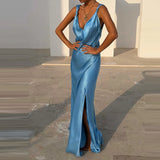 MQTIME  -  Fashion Backless Hollow Holiday Dresses Sexy V-neck Side Split Bridesmaid Dress Summer Sleeveless Camisole Women's Casual Dress