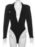 MQTIME  -  Lace Fashion Suit Jumpsuit Female Blazer Body Top V-Neck Slim Long Sleeve Sexy Cardigan Streetwear Women Black Rompers New