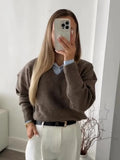  MQTIME  -  Elegant Solid V-neck Sweater For Women Autumn Winter Classical Knitted Pullover Long Sleeve Lady Street Simple Basic Jumper