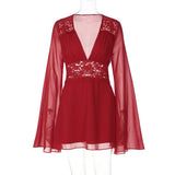 MQTIME  -  Dress Sexy Deep V Splicing Lace Waist Mesh Horn Sleeve Temperament Skirt