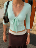 MQTIME  -  Vintage Lace Patchwork V Neck Slim Lace-up French Short  Top Female