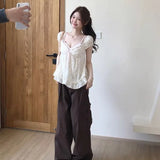 MQTIME  -  Summer Sweet French V Neck Short Sleeve Shirts Y2k Fairy Flower Print Thin Spliced Lace A-line Korean Tops Streetwear Lazy Tees