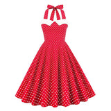 MQTIME  -  Women Red Polka Dot Party Halter Dress Vintage 50s Rockabilly Hepburn Elegant Strapless Swing Retro Short Midi Tunic Pinup Dress