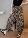 MQTIME  -  Leopard Print Wide Leg Cropped Pants For Women'S Summer Chiffon Loose Elastic Waist Thin Casual Harlan Pants