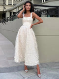 Mqtime Sexy White Feather Backless Midi Dress For Women Fashion Slash Neck Sleeveless High Waist Sling Dresses Elegant Lady Street Robe