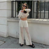 MQTIME  -  See Through Women's Pant Suit Two Piece Set Sexy Tassel  Patchwork Full Sleeve Tank Top Wide Leg Pants Female Sets Beach Outfit