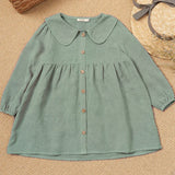 MQTIME  -  Retro Linen Doll Collar Girls Dress New Spring And Summer Chic Wooden Buttons Long-Sleeved  A-Line Dress Linen Kids Clothes