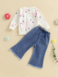 MQTIME  -  Girls Autumn Fashion Floral Print Hoodie and Distressed Denim Flare Pants Set for Toddlers