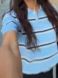 MQTIME  -  Y2K Women Summer Polo Shirt Blue White Contrast Striped Short Sleeve Knitted Blouse Cardigan Casual Commuter Hollow Tops