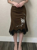 MQTIME  -  Vintage Flower Print Summer Temperament Medium Strecth Irregular Lace Patchwork Women's Skirts