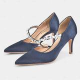 MQTIME  -  Sexy Side Cut Out High Heels Pointed Toe Satin Strap Rhinestone Chain Women Dress Sandals