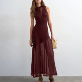 MQTIME  -  Fashion Solid High Waist Beach Holiday Dress Elegant Knitted Mesh Splice Perspective Dress Chic O-neck Irregular Fish Tail Dress