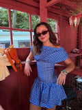 MQTIME  -  Blue White Gingham Off Shoulder Mini Dress Fashion Short Sleeve High Waist Flounce Hem Casual Summer Dresses New Lady Robes
