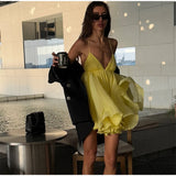 MQTIME  -  Sexy Backless Short Puffy Dress Women Lace Up Halter Sleeveless Pleated Female Beach Dresses 2025 Summer Lady Solid Holiday Robe