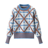 MQTIME  -  Women's Diamond Pattern Knitted Pullovers Skirt Set Casual O-neck Long Sleeve Sweater + Elastic Waist A-line Mini Skirt