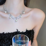 MQTIME -  Pearl Inlaid Crystal Double Layer Chain Necklace Women French Luxury Collar Chain Fashion Temperament Necklaces Wholesale