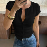 MQTIME  -  Women's Solid New T-shirt Fashion Casual Slim-fit Crew Neck Cardigan T-shirt Summer Office Lady Vacation Female Tops Summer