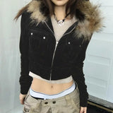 MQTIME  -  Cropped Trendy Velvet Pocket Cargo Jacket, High-waisted Skinny Hottie Fur Hooded Sweatshirt