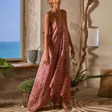 MQTIME  -  Vintage Pattern Print Loose Irregular Long Dress Women Spring V Neck Halter Boho Maxi Dress Summer Backless Vacation Beach Dress