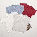  MQTIME  -  Children's Cotton Linen Striped Short-Sleeved T-Shirt Summer New Boys And Girls Round Neck Buttons Daily Casual Tops