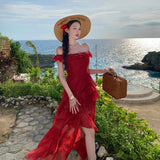 MQTIME  -  Summer Red Embroidery Eyelet Maxi Dress Women Square Neck Ruffle High Low Hem Long Dress Elegant Beach Vacation Sundress