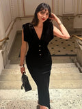 MQTIME  -  V-Neck Velvet Long Dresses Pleated Sexy Wide Shoulder Strap Waist Cinching Slim Fit Sleeveless Robes Gold Button Trend Dress
