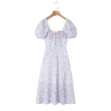 MQTIME  -  New Summer Print Puff Sleeve Square Collar Split High Waist Long Women Dress