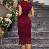 MQTIME  -  Femme Elegant Lace Dress Round Neck High Waist Party Dresses Short Sleeve Slim Fit Romantic Evening Vestidos Sexy Pencil Dresses